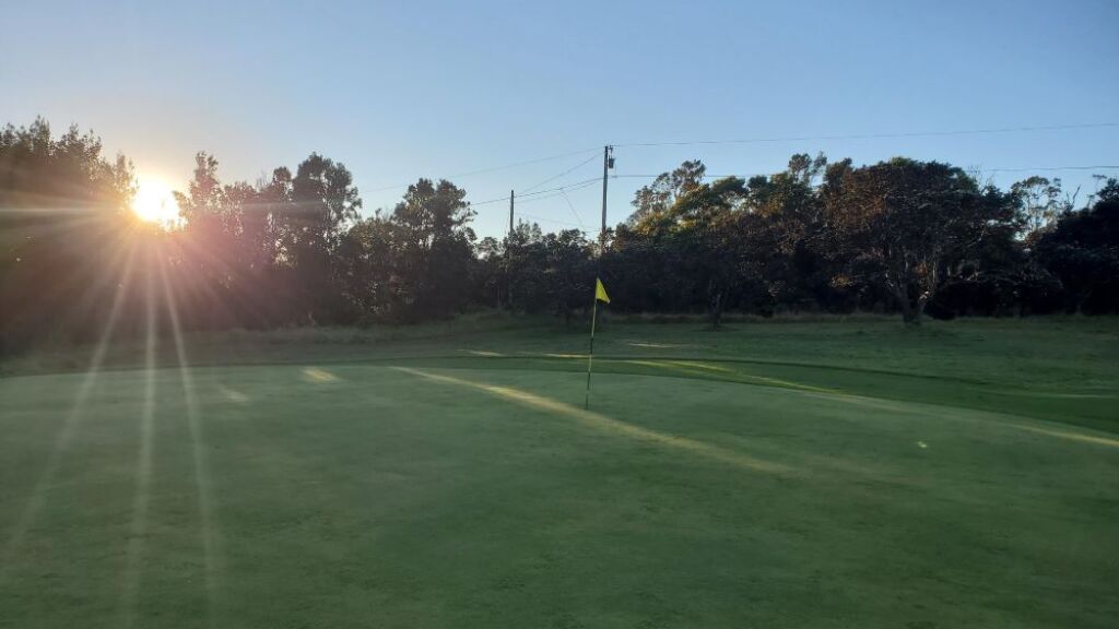 Golf course fairway with sun peeking through the trees